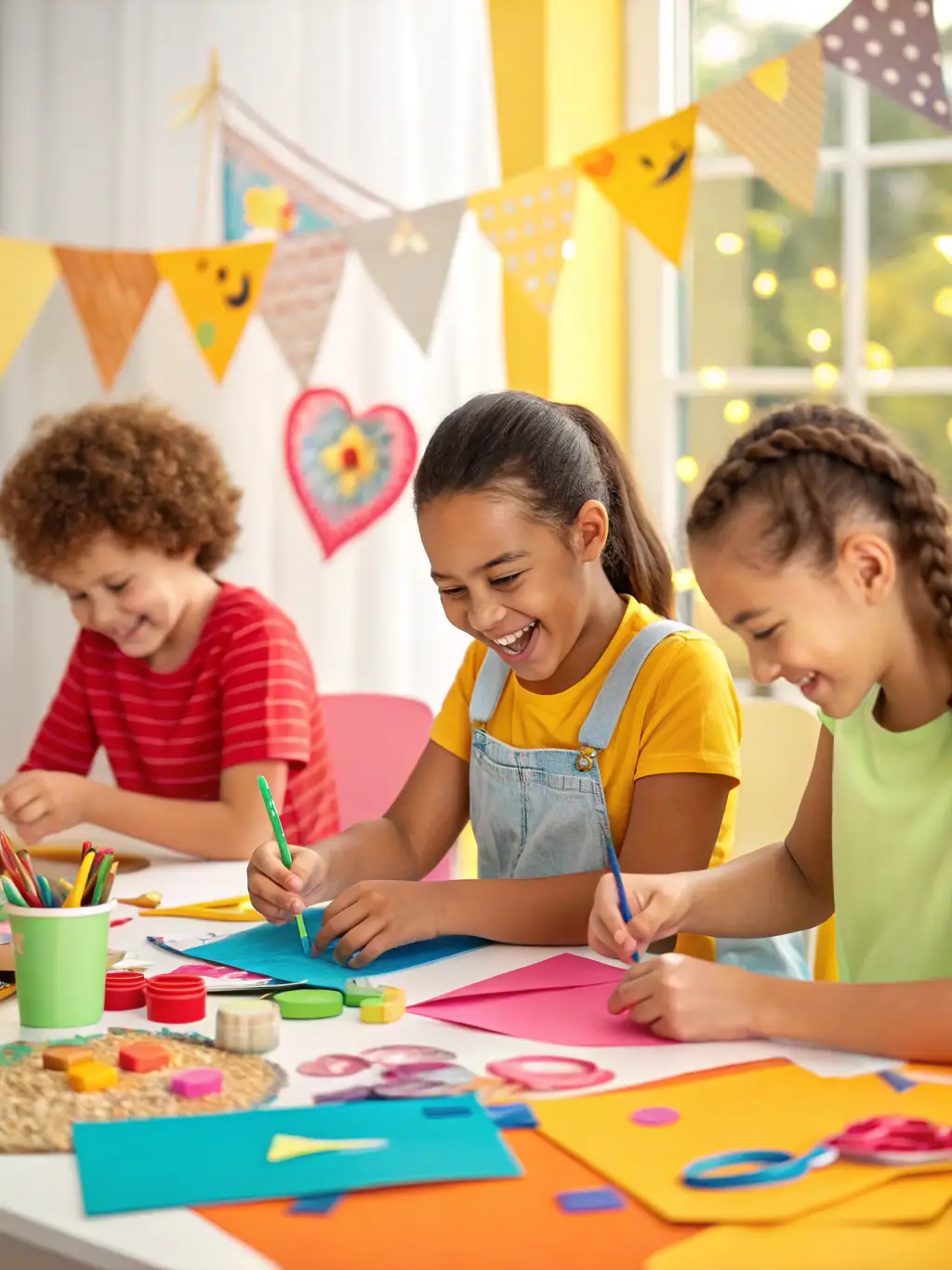 A group of children happily engaged in a creative activity led by a nanny, emphasizing the fun and educational aspects of nanny services.