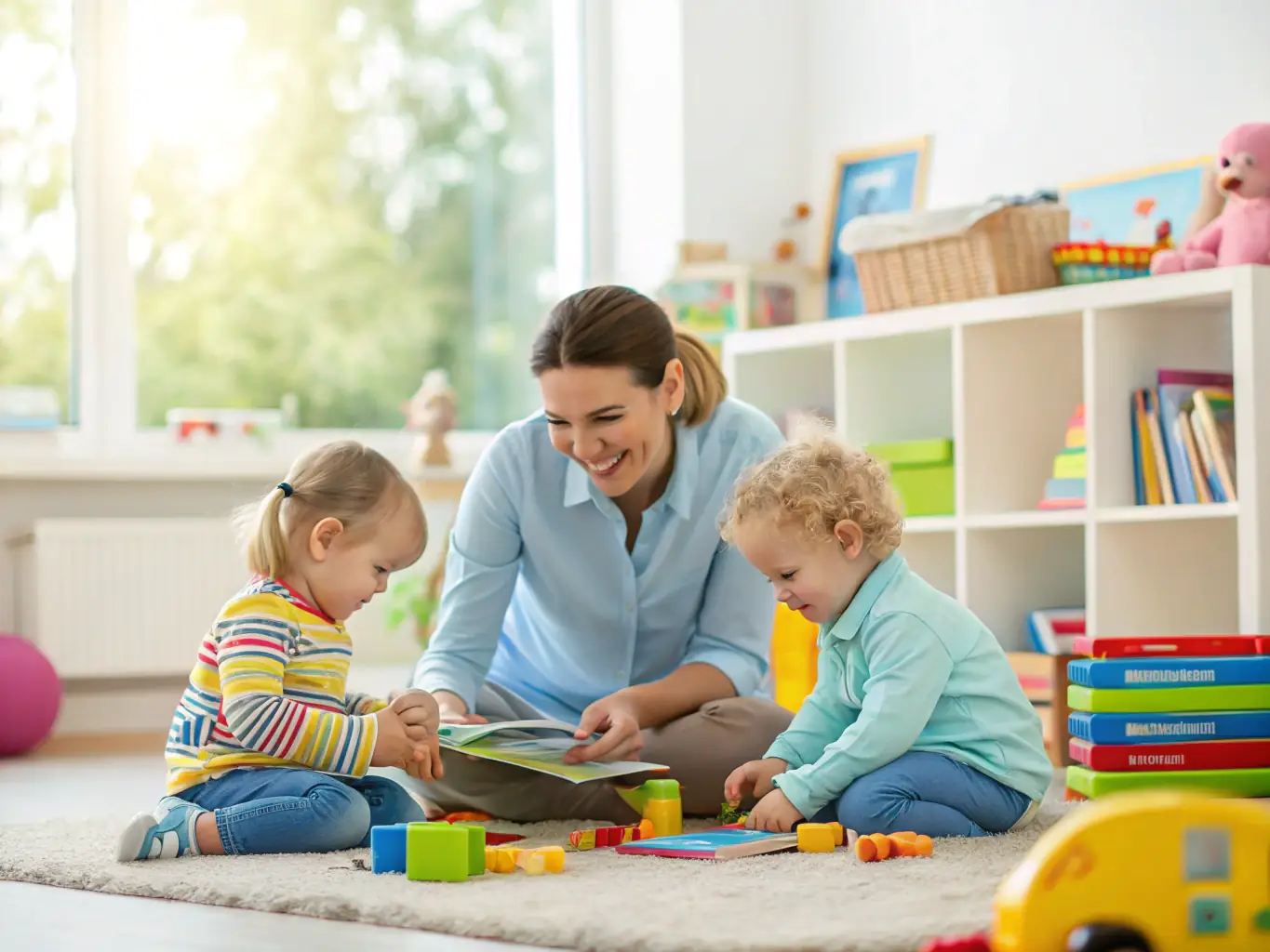 A heartwarming image of a nanny reading a book to a child in a sunlit living room, emphasizing the nurturing and educational aspects of nanny care.