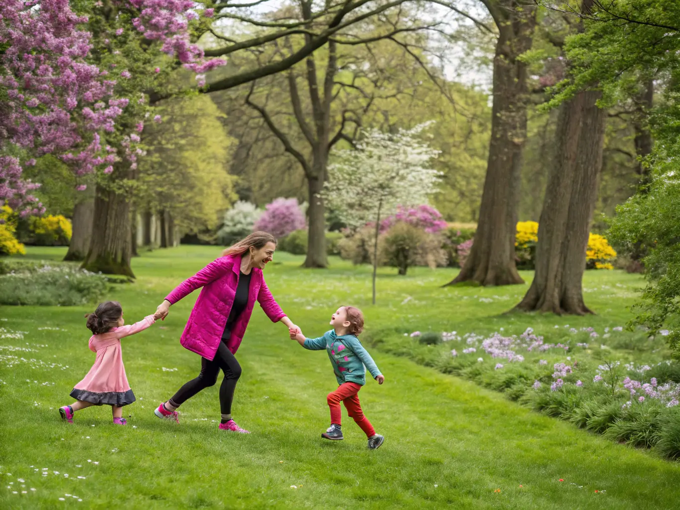 A professional image of a nanny engaging in a playful activity with children in a park, highlighting the fun and engaging side of childcare.